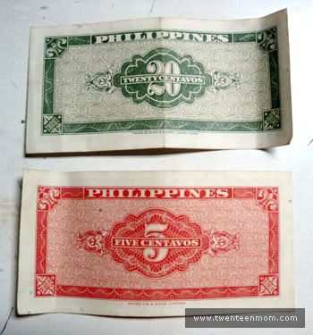 Philippine Money: 5 Centavos and 20 Centavos